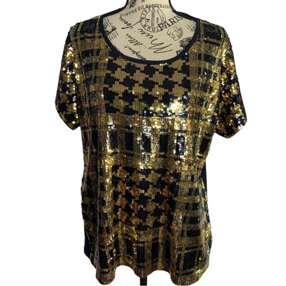Michael Kors Women's Size Medium Blouse Black & Gold Sequins Holiday Christmas - Picture 1 of 12